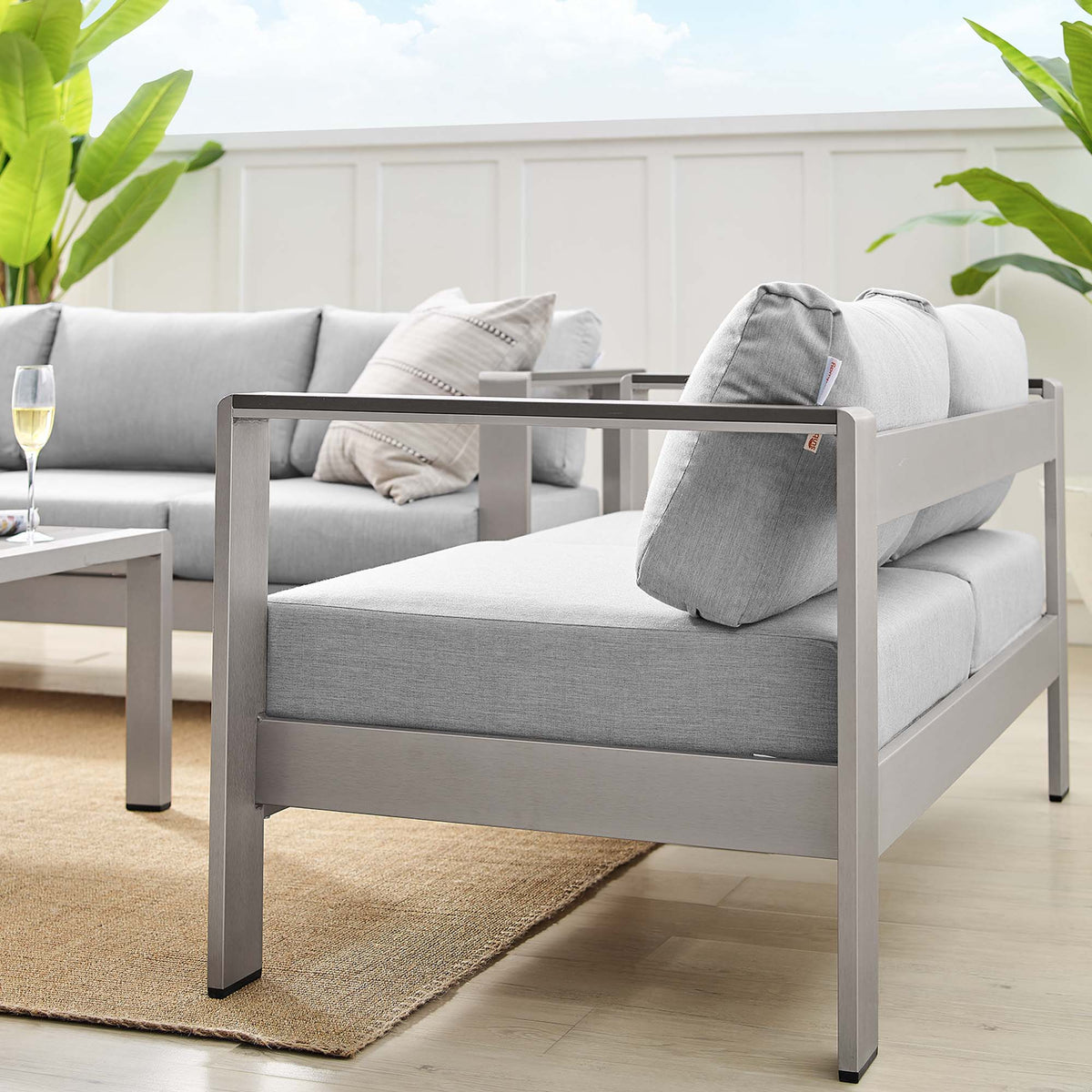 Shore Silver/Gray 3 Piece Sunbrella Fabric Outdoor Patio Aluminum Set - Ornate Home