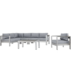 Shore Silver/Gray 6 Piece Outdoor Patio Aluminum Sectional Sofa Set - 80.5x135.5" - Ornate Home