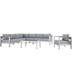 Shore Silver/Gray 7 Piece Outdoor Patio Aluminum Sectional Sofa Set - Ornate Home