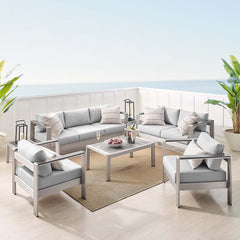 Shore Silver/Gray 7 Piece Sunbrella Fabric Outdoor Patio Aluminum Set - Ornate Home