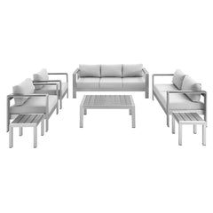 Shore Silver/Gray 7 Piece Sunbrella Fabric Outdoor Patio Aluminum Set - Ornate Home