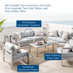 Shore Silver/Gray 7 Piece Sunbrella Fabric Outdoor Patio Aluminum Set - Ornate Home