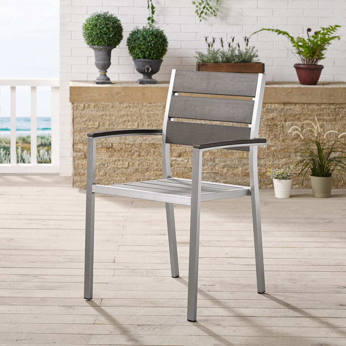 Shore Silver/Gray Outdoor Patio Aluminum Dining Armchair - Ornate Home