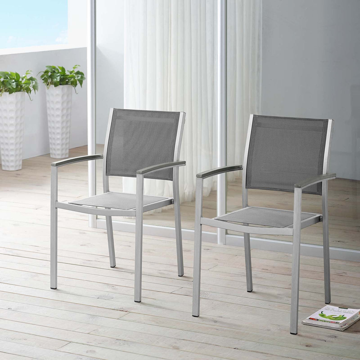 Shore Silver/Gray Outdoor Patio Aluminum Dining Chair (Set of 2) - Ornate Home