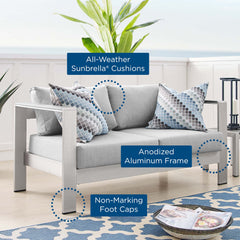 Shore Silver/Gray Sunbrella Fabric Aluminum Outdoor Patio Loveseat - Ornate Home