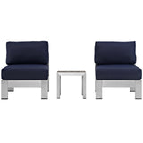 Shore Silver/Navy 3 Piece Outdoor Patio Aluminum Sectional Sofa Set - Ornate Home