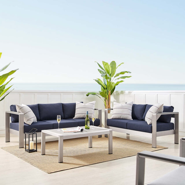Shore Silver/Navy 3 Piece Sunbrella Fabric Outdoor Patio Aluminum Set - Ornate Home