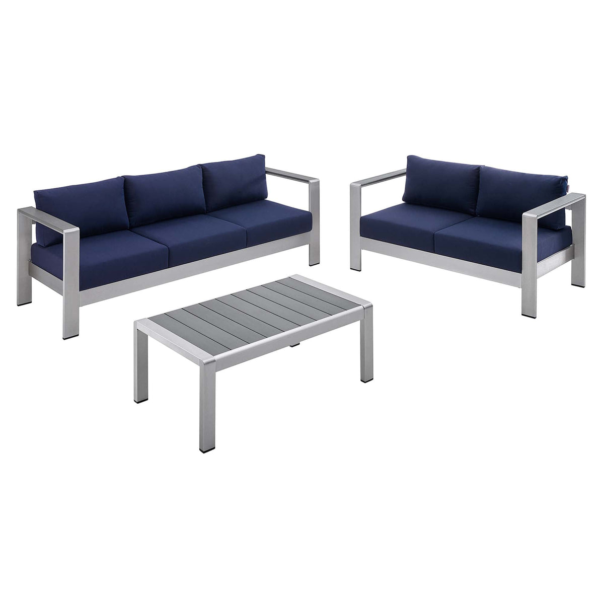 Shore Silver/Navy 3 Piece Sunbrella Fabric Outdoor Patio Aluminum Set - Ornate Home