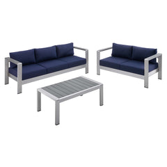 Shore Silver/Navy 3 Piece Sunbrella Fabric Outdoor Patio Aluminum Set - Ornate Home