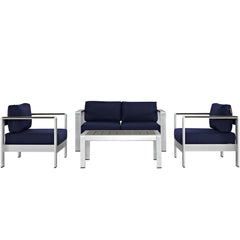 Shore Silver/Navy 4 Piece Outdoor Patio Aluminum Sectional Sofa Set - 55x111.5" - Ornate Home