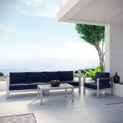 Shore Silver/Navy 4 Piece Outdoor Patio Aluminum Sectional Sofa Set - 55x133.5" - Ornate Home