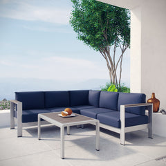 Shore Silver/Navy 4 Piece Outdoor Patio Aluminum Sectional Sofa Set - 80.5x80.5" - Ornate Home