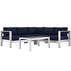 Shore Silver/Navy 4 Piece Outdoor Patio Aluminum Sectional Sofa Set - 80.5x80.5" - Ornate Home