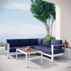 Shore Silver/Navy 4 Piece Outdoor Patio Aluminum Sectional Sofa Set - 80.5x80.5" - Ornate Home