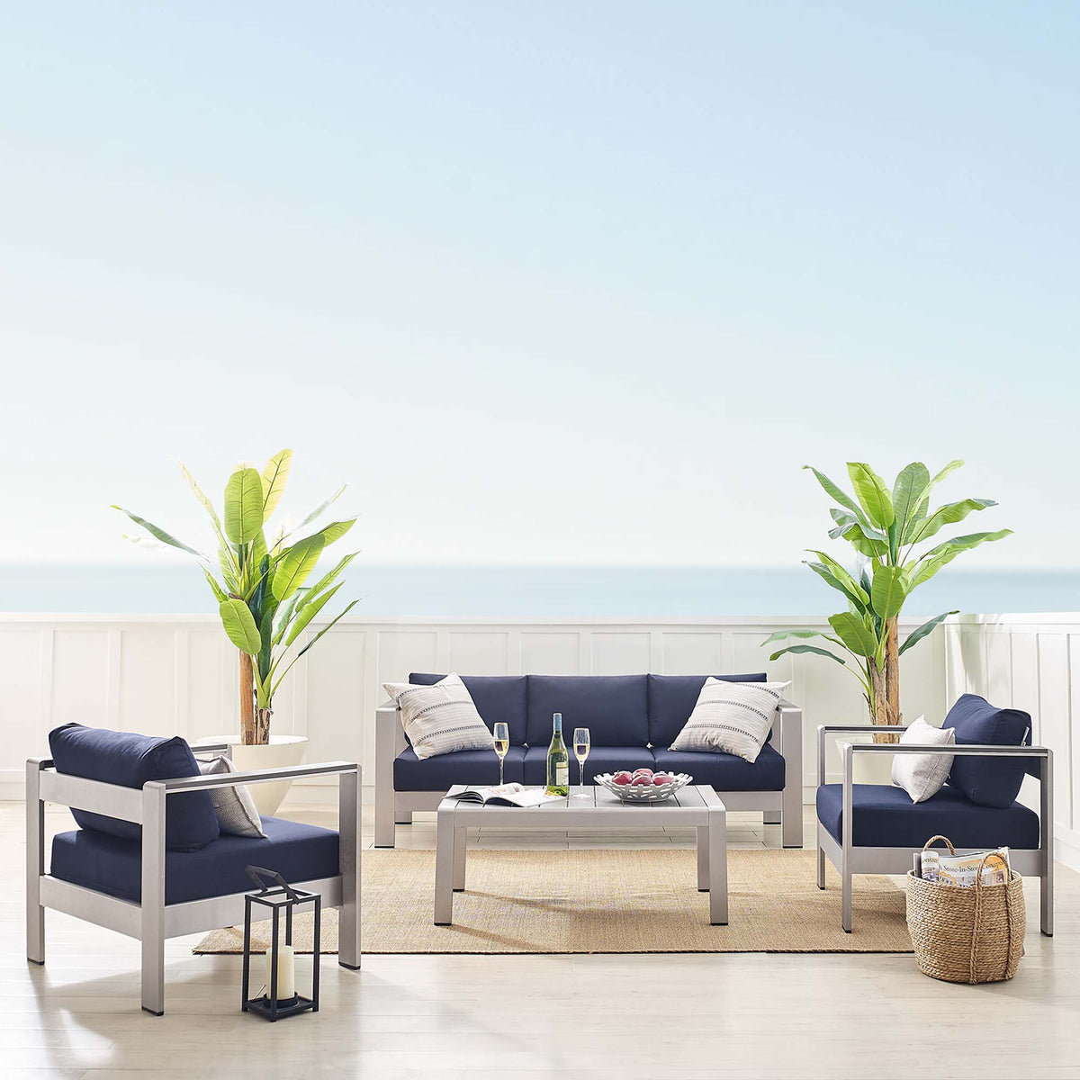 Shore Silver/Navy 4 Piece Sunbrella Fabric Outdoor Patio Aluminum Set - Ornate Home