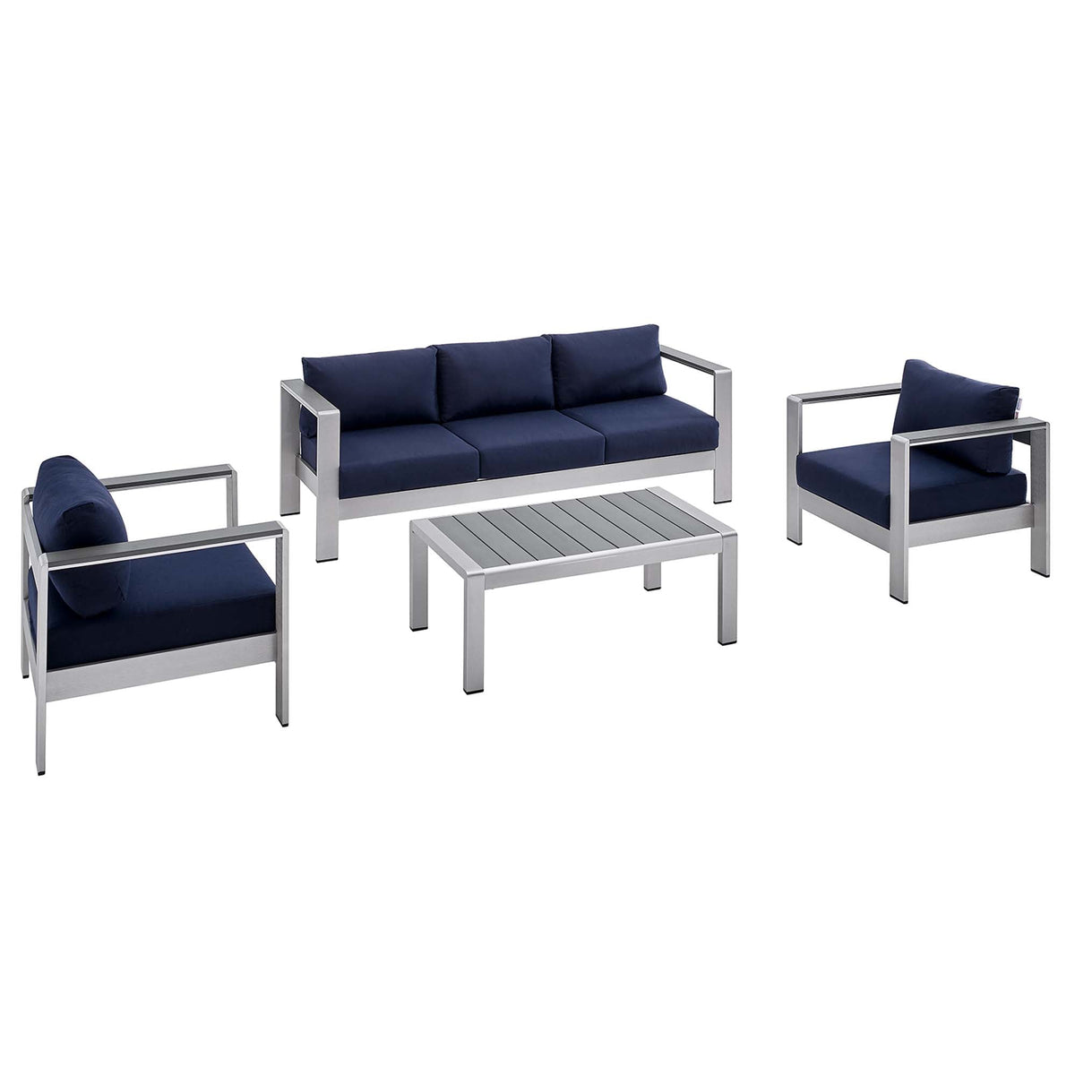 Shore Silver/Navy 4 Piece Sunbrella Fabric Outdoor Patio Aluminum Set - Ornate Home