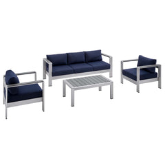 Shore Silver/Navy 4 Piece Sunbrella Fabric Outdoor Patio Aluminum Set - Ornate Home
