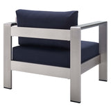 Shore Silver/Navy 4 Piece Sunbrella Fabric Outdoor Patio Aluminum Set - Ornate Home