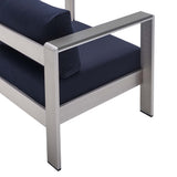 Shore Silver/Navy 4 Piece Sunbrella Fabric Outdoor Patio Aluminum Set - Ornate Home