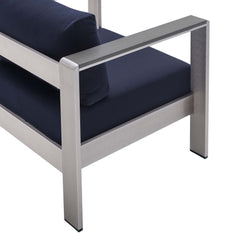 Shore Silver/Navy 4 Piece Sunbrella Fabric Outdoor Patio Aluminum Set - Ornate Home