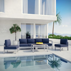 Shore Silver/Navy 5 Piece Outdoor Patio Aluminum Sectional Sofa Set - 55x161" - Ornate Home