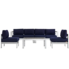 Shore Silver/Navy 5 Piece Outdoor Patio Aluminum Sectional Sofa Set - 55x161" - Ornate Home