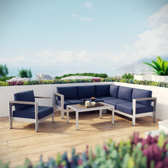 Shore Silver/Navy 5 Piece Outdoor Patio Aluminum Sectional Sofa Set - 80.5x108" - Ornate Home