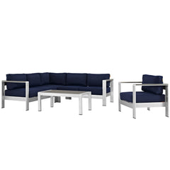 Shore Silver/Navy 5 Piece Outdoor Patio Aluminum Sectional Sofa Set - 80.5x108" - Ornate Home
