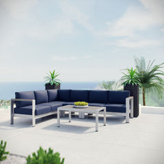 Shore Silver/Navy 5 Piece Outdoor Patio Aluminum Sectional Sofa Set - 80.5x108x25" - Ornate Home