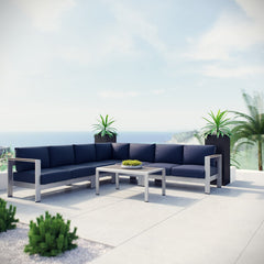 Shore Silver/Navy 6 Piece Outdoor Patio Aluminum Sectional Sofa Set - 108x108" - Ornate Home
