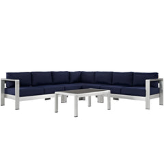 Shore Silver/Navy 6 Piece Outdoor Patio Aluminum Sectional Sofa Set - 108x108" - Ornate Home