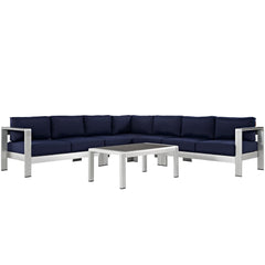 Shore Silver/Navy 6 Piece Outdoor Patio Aluminum Sectional Sofa Set - 108x108" - Ornate Home