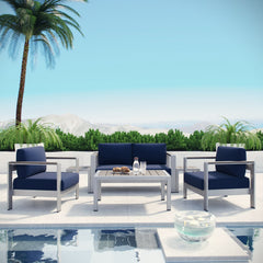 Shore Silver/Navy 6 Piece Outdoor Patio Aluminum Sectional Sofa Set - 55x111.5" - Ornate Home