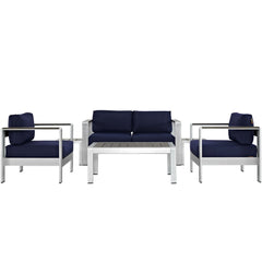 Shore Silver/Navy 6 Piece Outdoor Patio Aluminum Sectional Sofa Set - 55x111.5" - Ornate Home