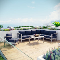 Shore Silver/Navy 6 Piece Outdoor Patio Aluminum Sectional Sofa Set - 80.5x135.5" - Ornate Home