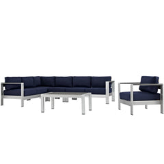 Shore Silver/Navy 6 Piece Outdoor Patio Aluminum Sectional Sofa Set - 80.5x135.5" - Ornate Home