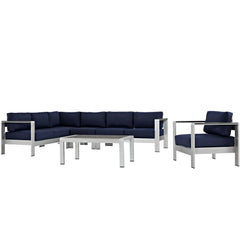 Shore Silver/Navy 6 Piece Outdoor Patio Aluminum Sectional Sofa Set - 80.5x135.5" - Ornate Home