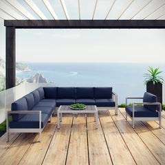 Shore Silver/Navy 7 Piece Outdoor Patio Aluminum Sectional Sofa Set - Ornate Home