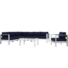 Shore Silver/Navy 7 Piece Outdoor Patio Aluminum Sectional Sofa Set - Ornate Home
