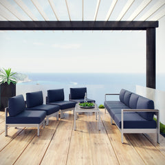 Shore Silver/Navy 7 Piece Outdoor Patio Sectional Sofa Set - Ornate Home