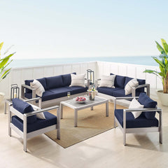 Shore Silver/Navy 7 Piece Sunbrella Fabric Outdoor Patio Aluminum Set - Ornate Home