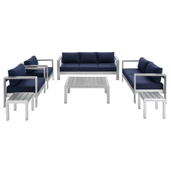 Shore Silver/Navy 7 Piece Sunbrella Fabric Outdoor Patio Aluminum Set - Ornate Home