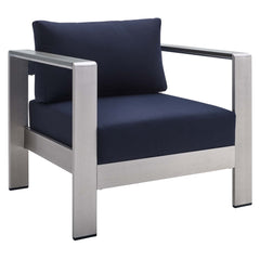 Shore Silver/Navy 7 Piece Sunbrella Fabric Outdoor Patio Aluminum Set - Ornate Home