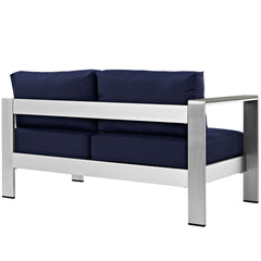 Shore Silver/Navy Left-Arm Corner Sectional Outdoor Patio Aluminum Loveseat - Ornate Home