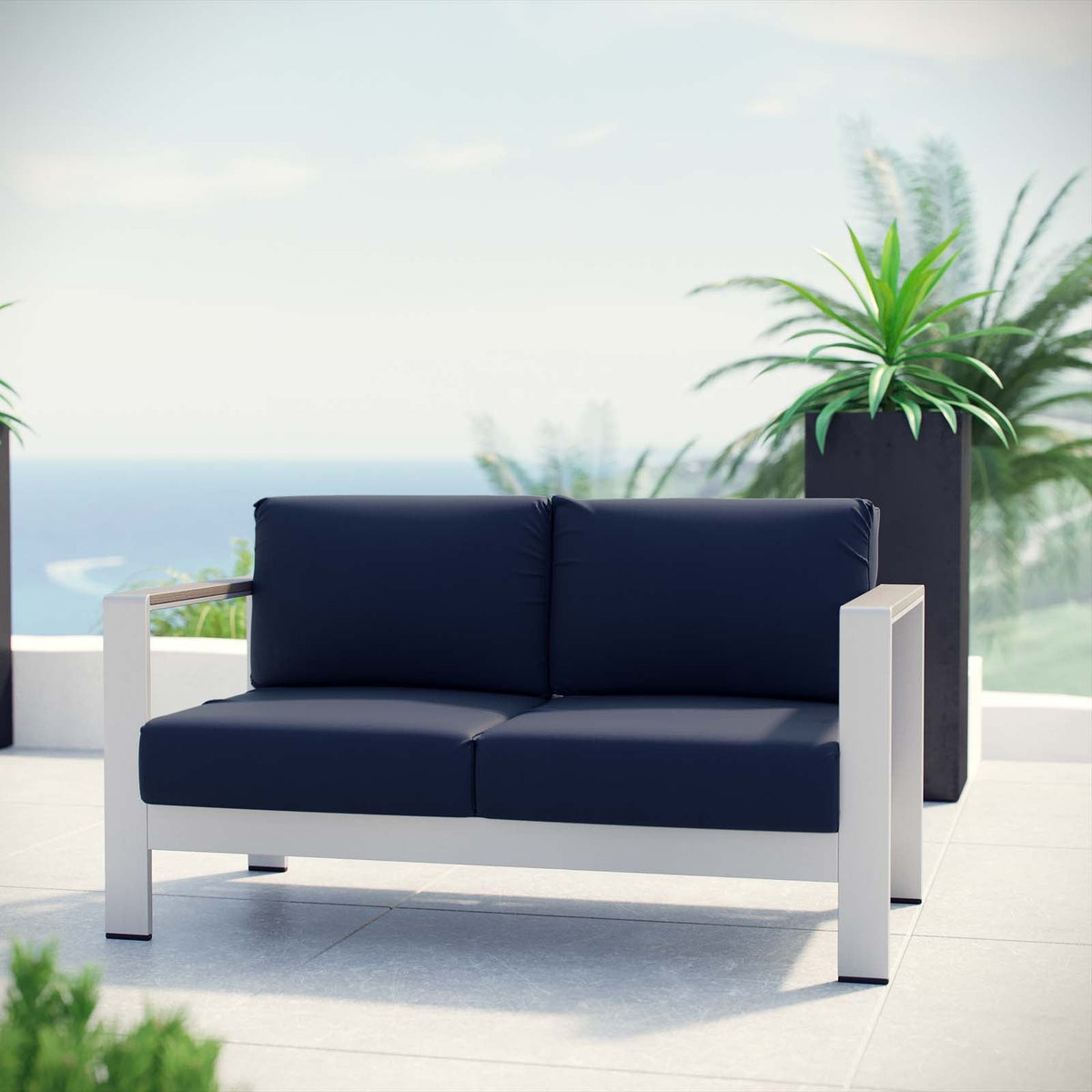 Shore Silver/Navy Outdoor Patio Aluminum Loveseat - Ornate Home