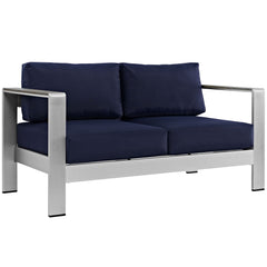 Shore Silver/Navy Outdoor Patio Aluminum Loveseat - Ornate Home