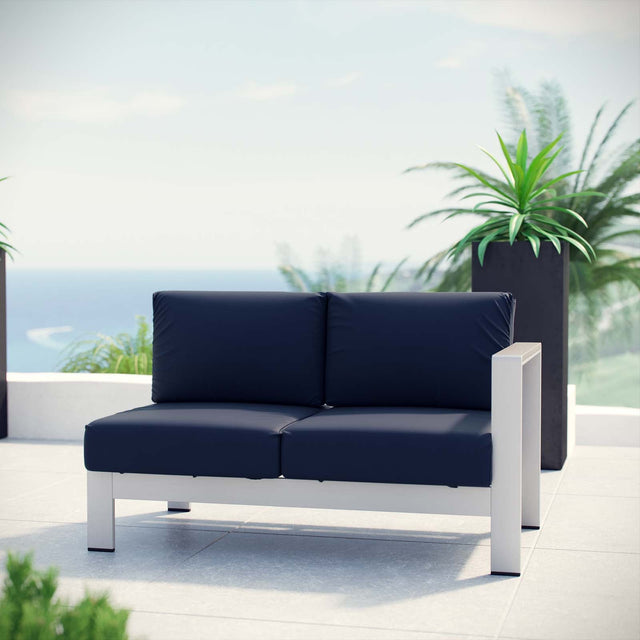 Shore Silver/Navy Right-Arm Corner Sectional Outdoor Patio Aluminum Loveseat - Ornate Home