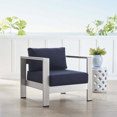 Shore Silver/Navy Sunbrella Fabric Aluminum Outdoor Patio Armchair - Ornate Home