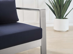 Shore Silver/Navy Sunbrella Fabric Aluminum Outdoor Patio Armchair - Ornate Home