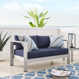 Shore Silver/Navy Sunbrella Fabric Aluminum Outdoor Patio Loveseat - Ornate Home